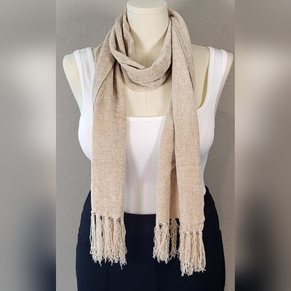 None Accessories - Tan Woven Fringe Scarf Wrap - 73 x 11